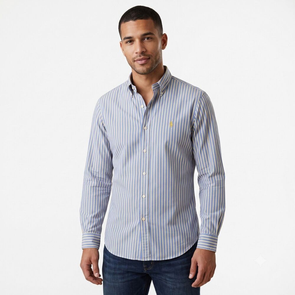 Ralph Lauren Men's Classic Fit Button Shirt 18 34/35 Cotton Blue Yellow Stripe